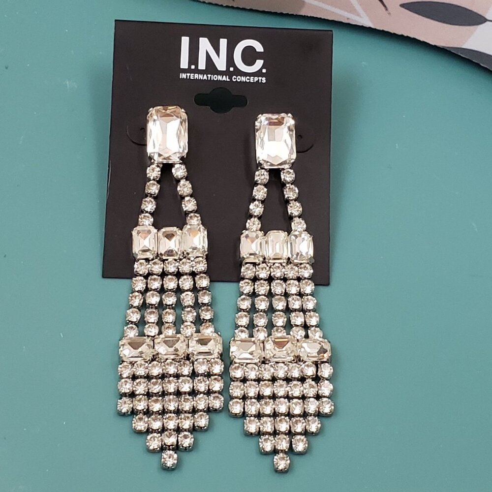INC, NWT, Clear Chandelier crystal rhinestone dangle statement earrings